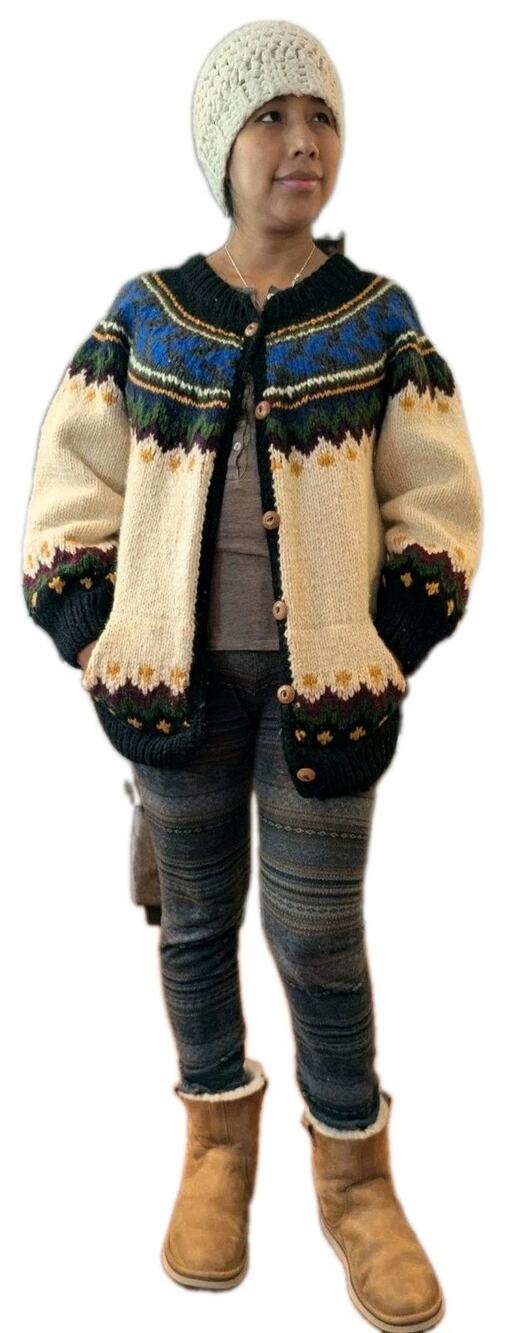 VTG Artesanias Lema Ecuador 100% Wool Cardigan Sweater Fair Isle Handmade Size M